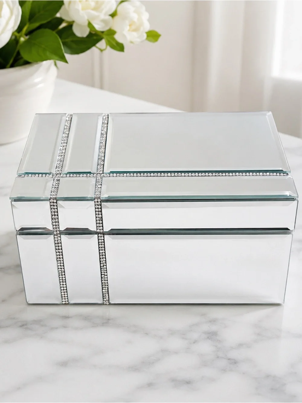 NWT TAHARI Mirrored Jewelry Box with Rhinestone Trim - Silver